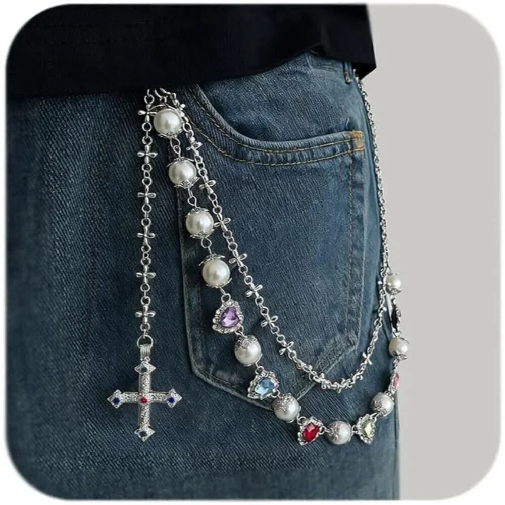 Silver Pants Chain Metal Dainty Trendy Pearl Heart Rhinestone Biker Punk Jewelry